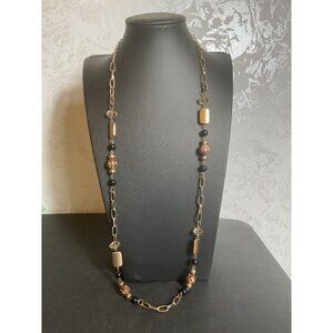 Gold Tone Long Chain Necklace With Black & Bronze Beads